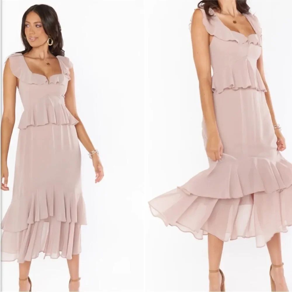 Show Me Your Mumu Wedding Reese Ruffle Dress Side Beige Chiffon NWT S198